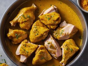 Marinating chicken with turmeric for Thai grilled chicken