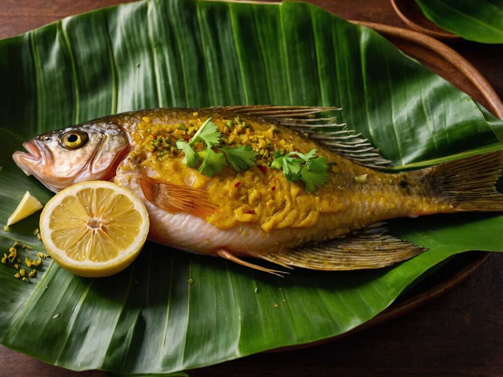 Marinating whole fish with spices for banana leaf recipe