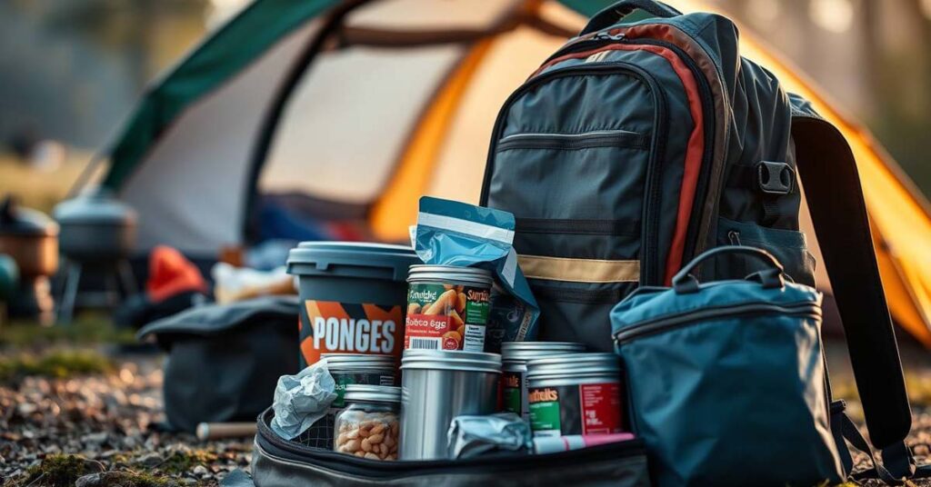 Smartly packed camping backpack with organized food containers and meal kits