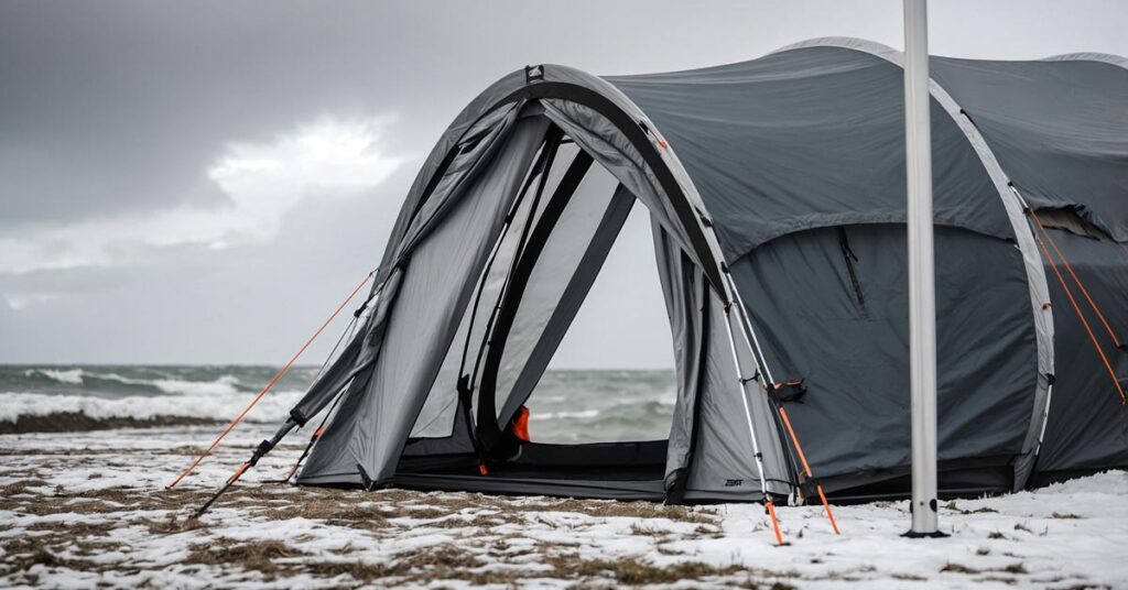 A strong aluminum tent pole being flexed, demonstrating its stability and strength in windy conditions.