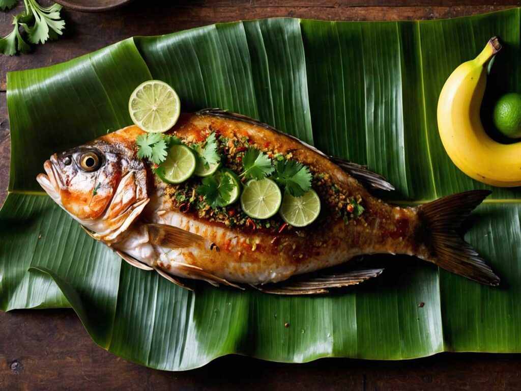 Serving Whole Fish Wrapped in Banana Leaf with fresh garnish.