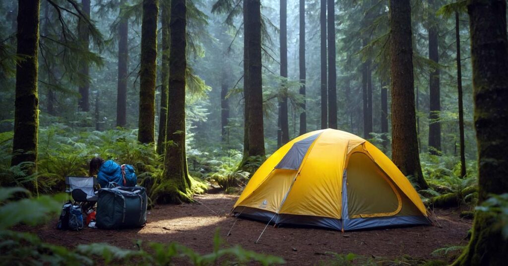 Camper setting up a bug-proof tent in the forest