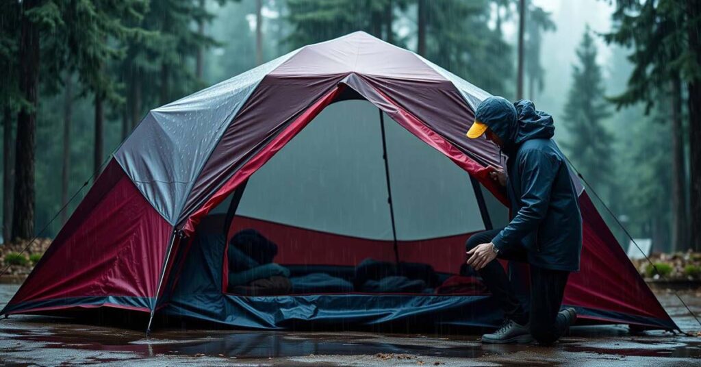 Camper setting up a weather-resistant tent for extreme weather camping.