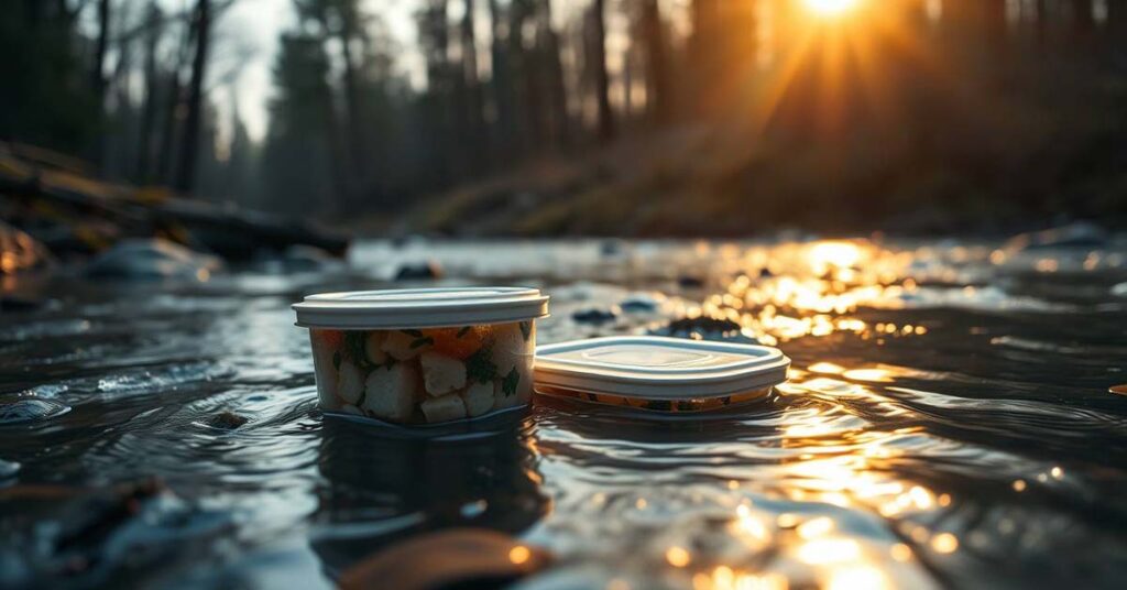 Sealed food containers cooled in a stream for safe camping food storage