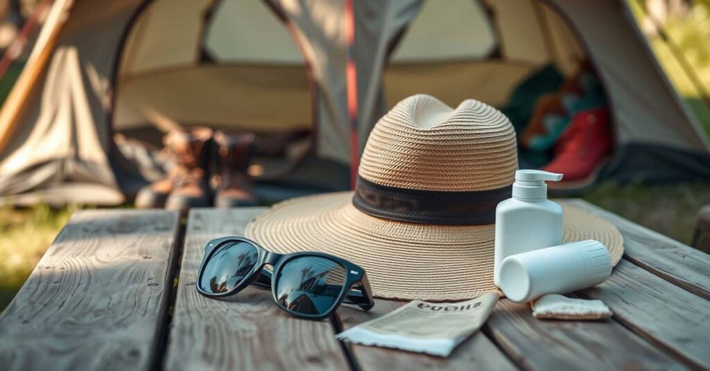 Essential sun protection gear for camping: wide-brimmed hat, sunglasses, and sunscreen