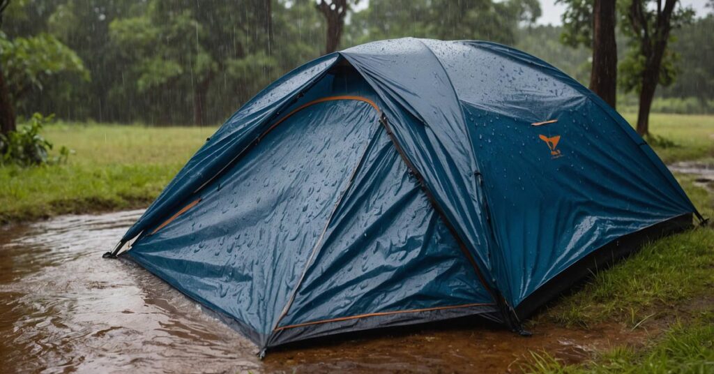 A weatherproof tent in heavy rain, with water beading off the rainfly and a dry interior, showcasing its waterproof capabilities.