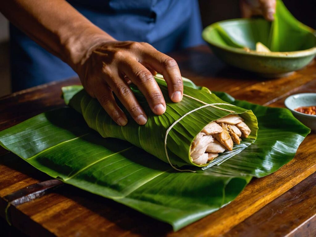 Wrapping Thai grilled chicken in banana leaves