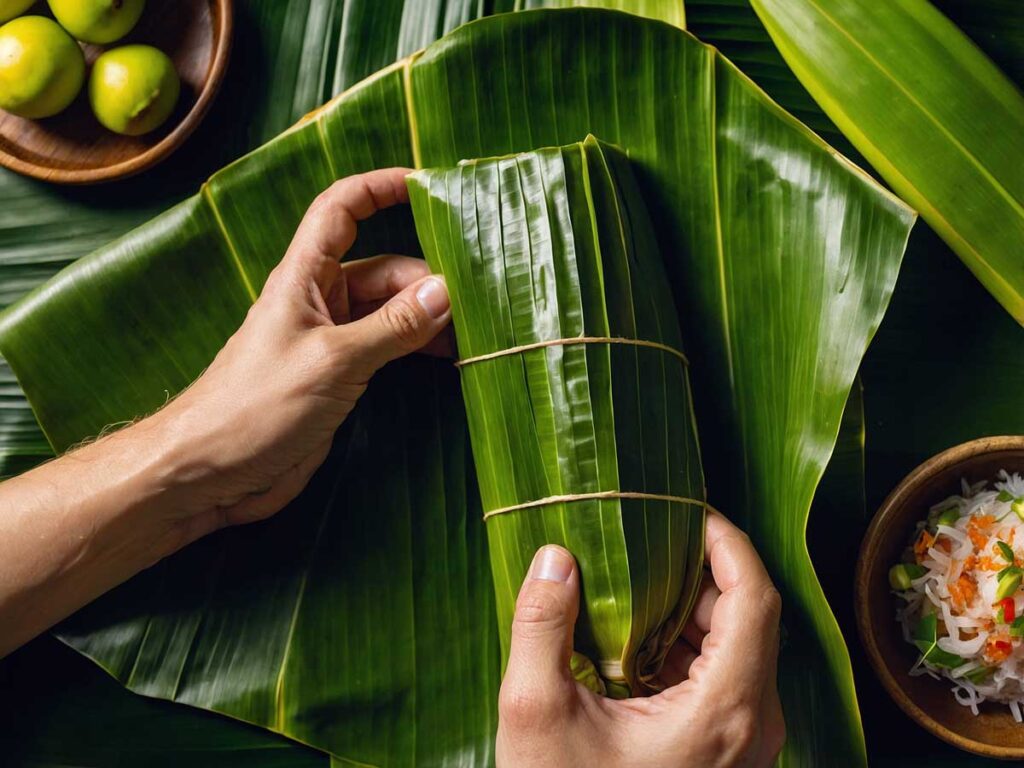 Wrapping marinated fish in banana leaf for cooking.