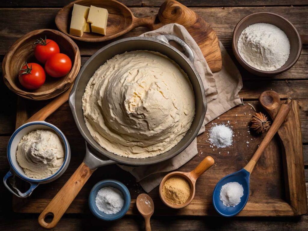 Ingredients and tools for baking bread over a campfire