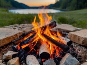 Hot coals for baking bread over a campfire