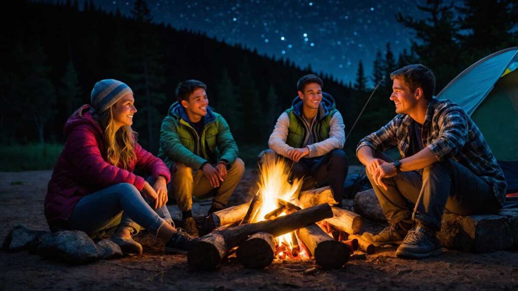 Campers sharing stories around a glowing campfire at night