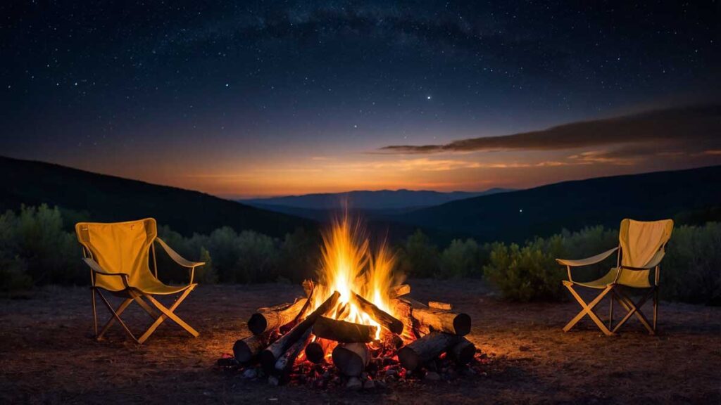 Campfire with a group enjoying stories and stargazing at night.