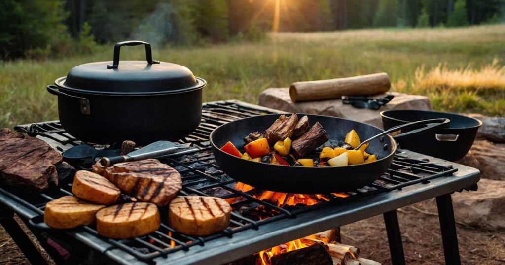 Campfire cooking setup with essential tools and ingredients