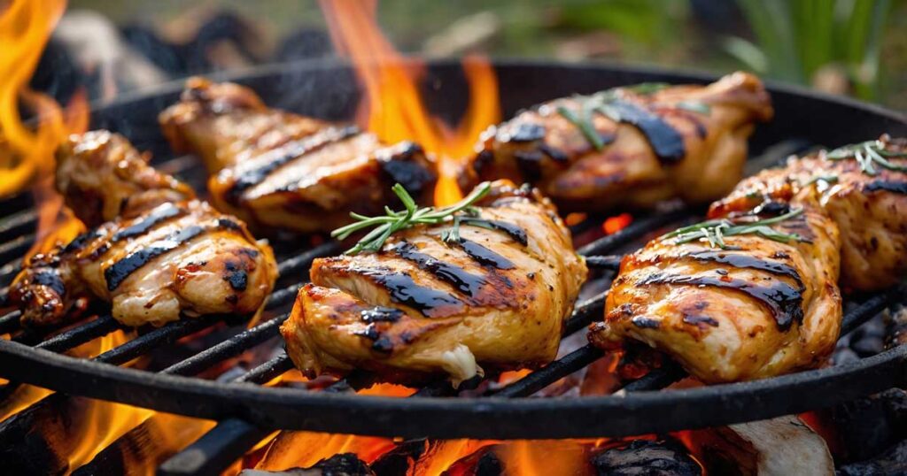 Campfire grilled chicken on a rustic grill