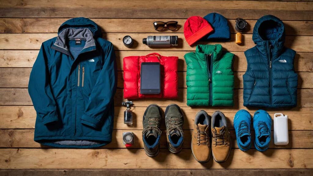 Neatly arranged camping clothing layers and sturdy hiking boots ready for an adventure