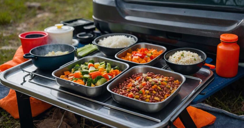 Preparing a meal with pre-portioned ingredients during no-cooler camping