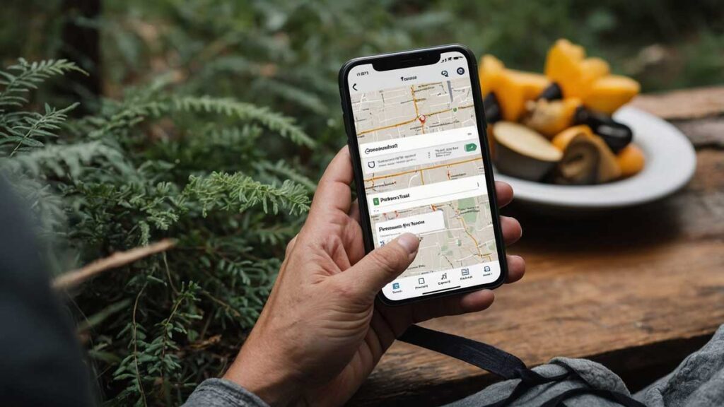 Person planning a camping trip with a map, checklist, and smartphone outdoors