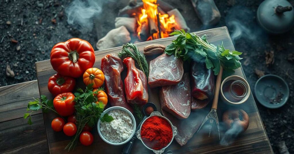 Fresh ingredients for campfire cooking displayed on a rustic table