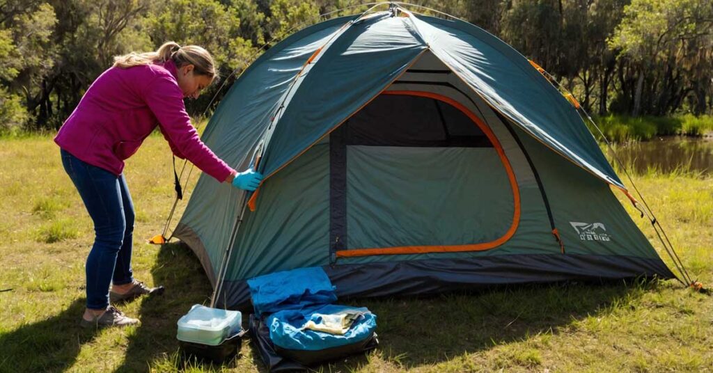 cleaning and drying a backpacking tent on a sunny day