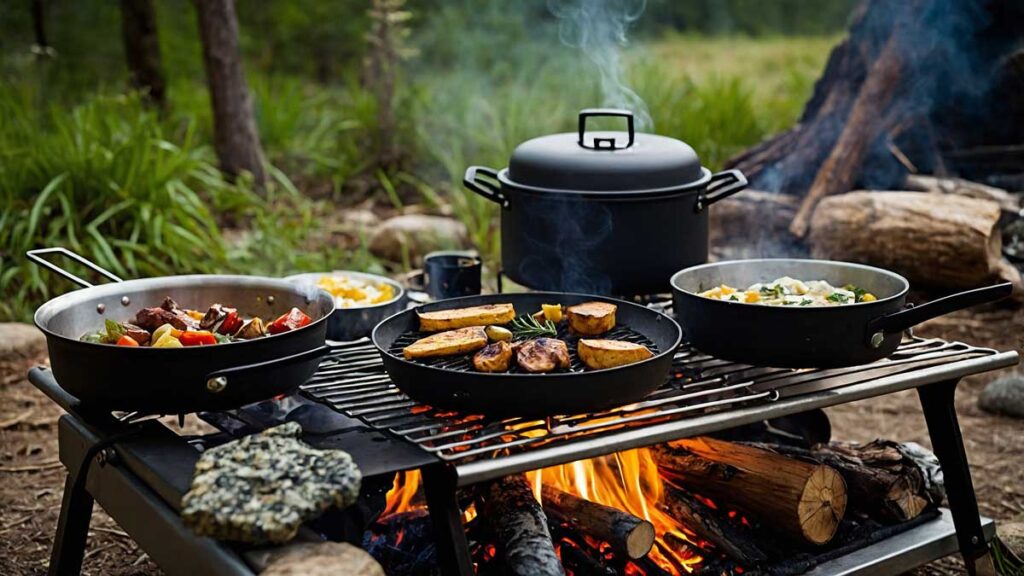 Camper using a portable stove and campfire for cooking outdoors