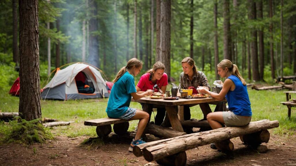 Campers discussing and dividing tasks around a campsite