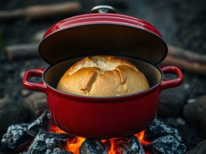 Baking bread in a Dutch oven over campfire coals