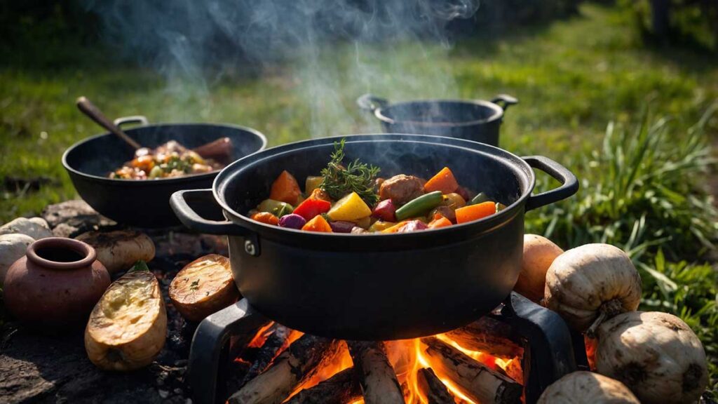 One-pot outdoor meal prepared at a campsite with fresh ingredients