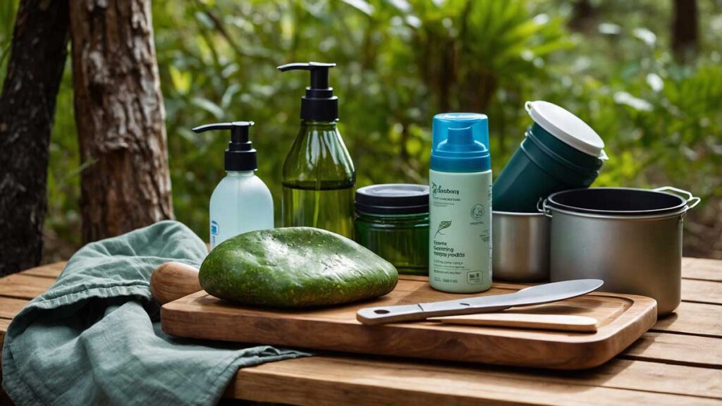 Eco-friendly camping supplies displayed in a natural setting