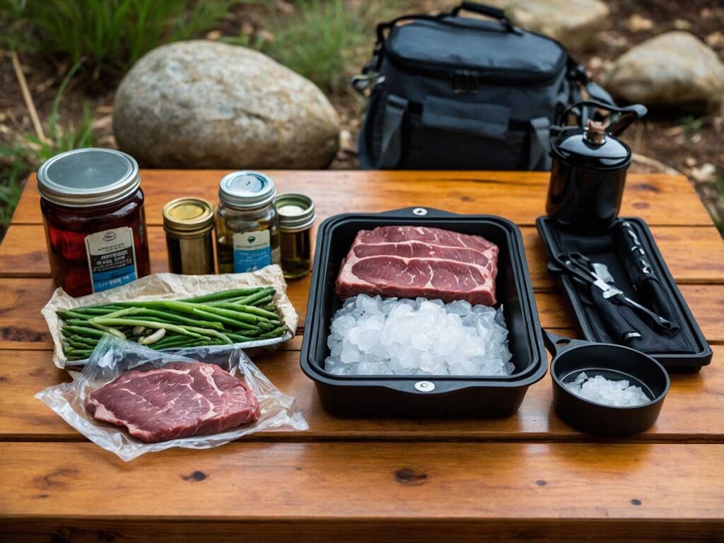 Essential camping equipment for sous vide meat preparation and storage