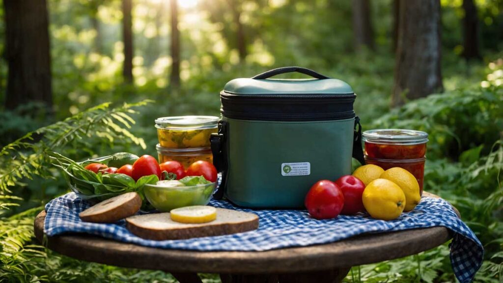 Food stored safely in insulated containers in a shaded outdoor area