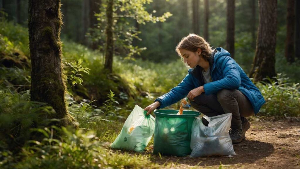 Camper cleaning up the campsite to preserve nature