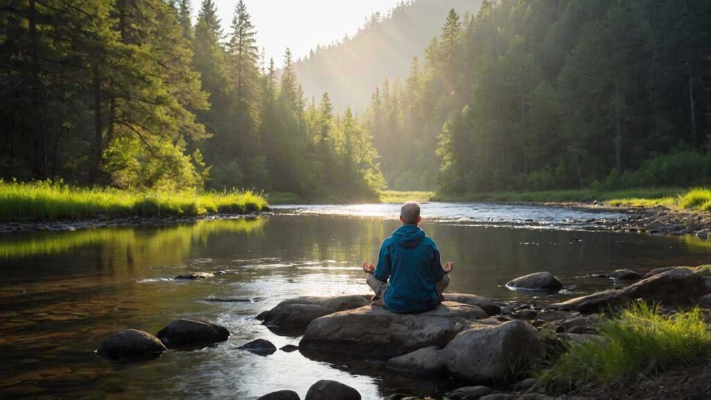 Camper meditating in a peaceful natural setting at sunrise