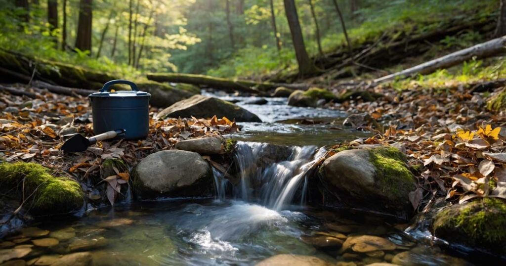 Natural cooling methods for camping food storage, including burying food near a stream