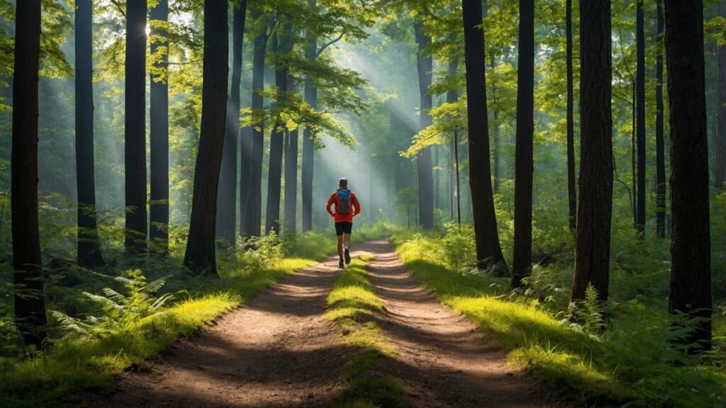 Camper walking on a forest trail, observing nature closely