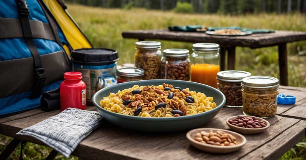 Non-perishable camping foods like dried pasta, canned beans, and nuts for no-cooler camping.