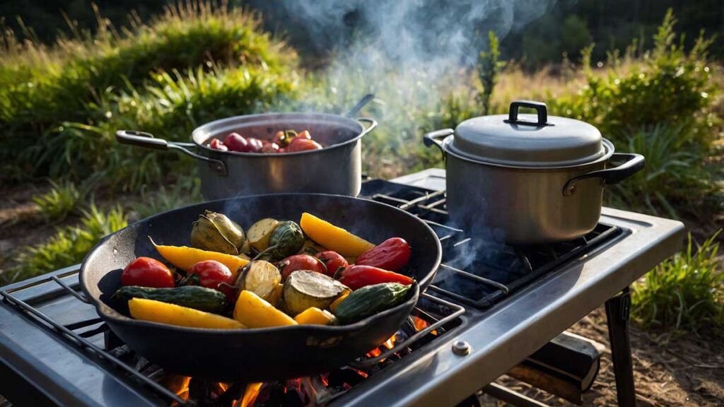 Camper preparing a meal using a portable stove at a campsite