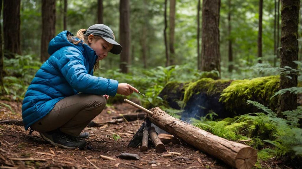 Camper practicing outdoor skills with an instructor in nature