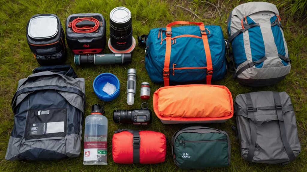 Organized camping gear neatly arranged for a trip