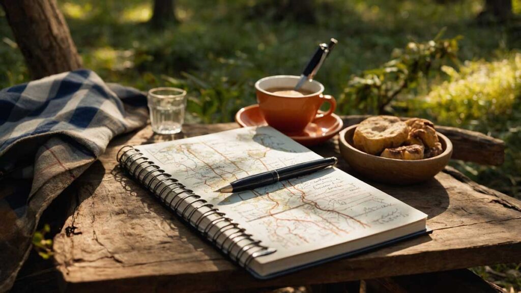 Camper writing a detailed itinerary in a notebook outdoors