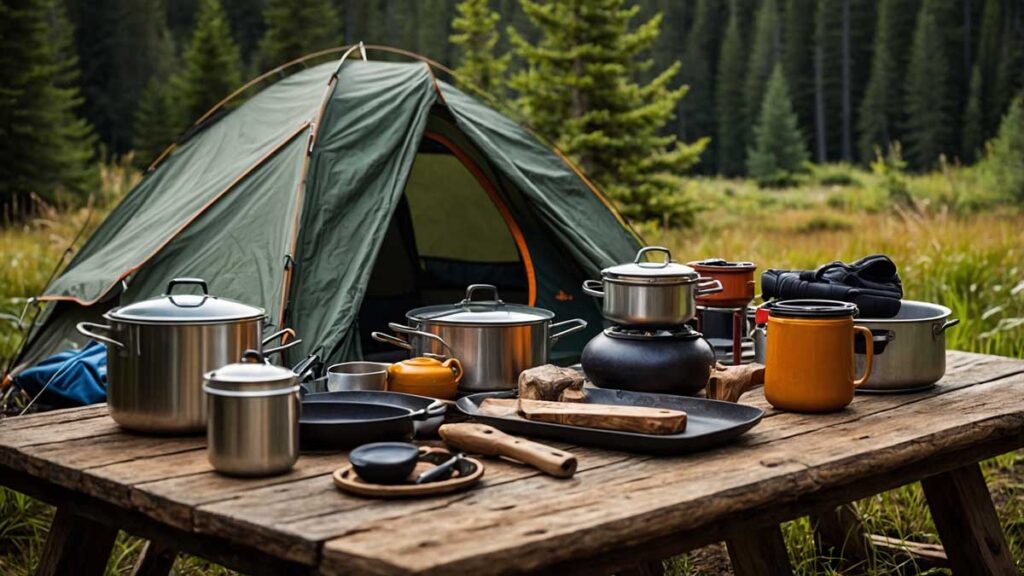 Close-up of high-quality camping gear neatly arranged on a table