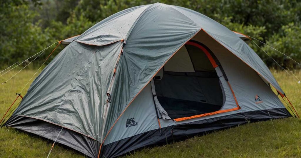 a camping tent with a neatly installed rain fly showing attachment details