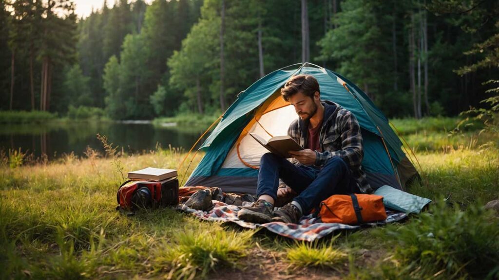 Camper reading a book and journaling in a serene outdoor setting