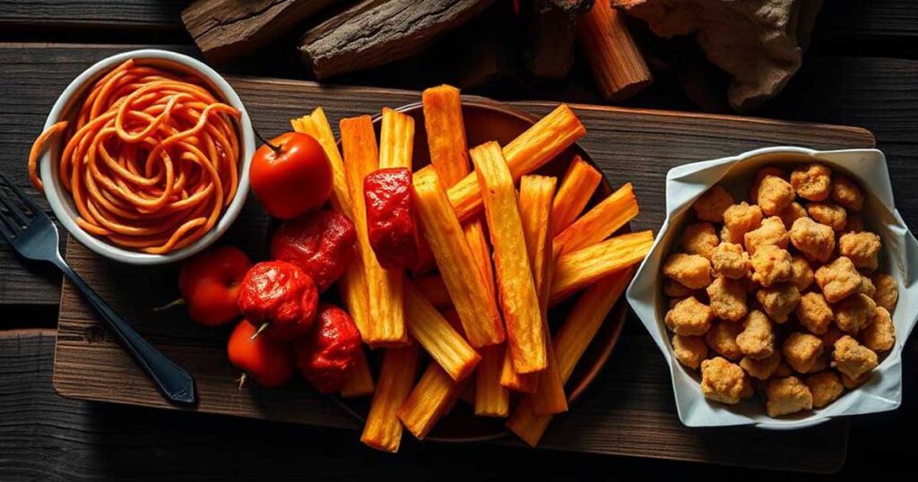 Assorted snacks and desserts near a campfire