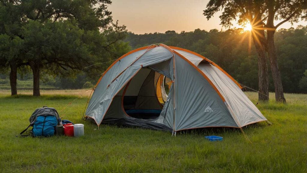 Camper setting up a tent on a flat, grassy area