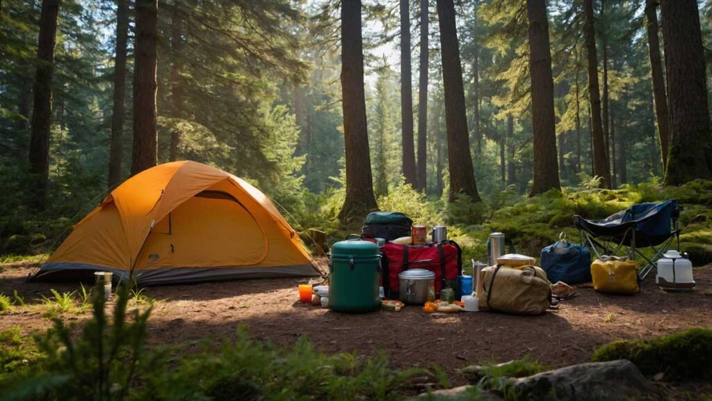 Camper reviewing non-perishable food supplies in a scenic campsite