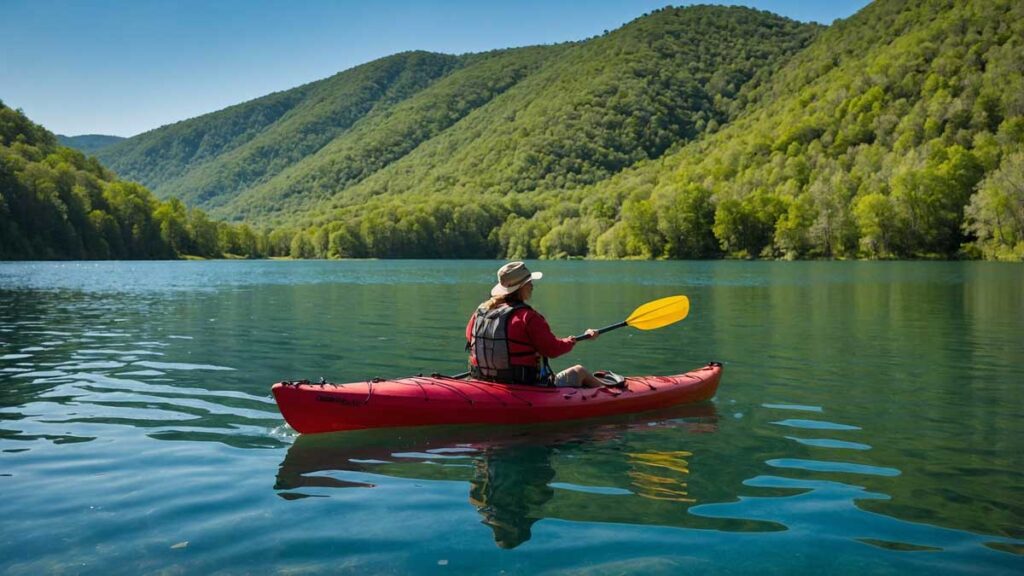 Camper enjoying kayaking on a sparkling lake surrounded by nature