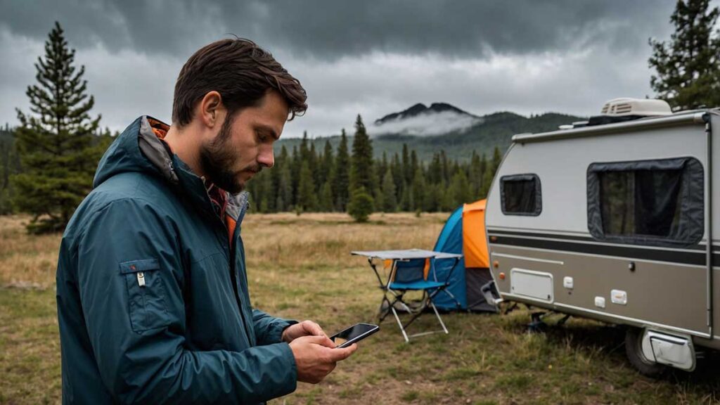 Camper checking weather forecasts on a mobile device near a campsite