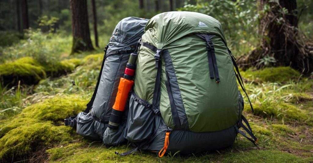 Proper weight distribution of backpacking gear with tent secured mid-pack