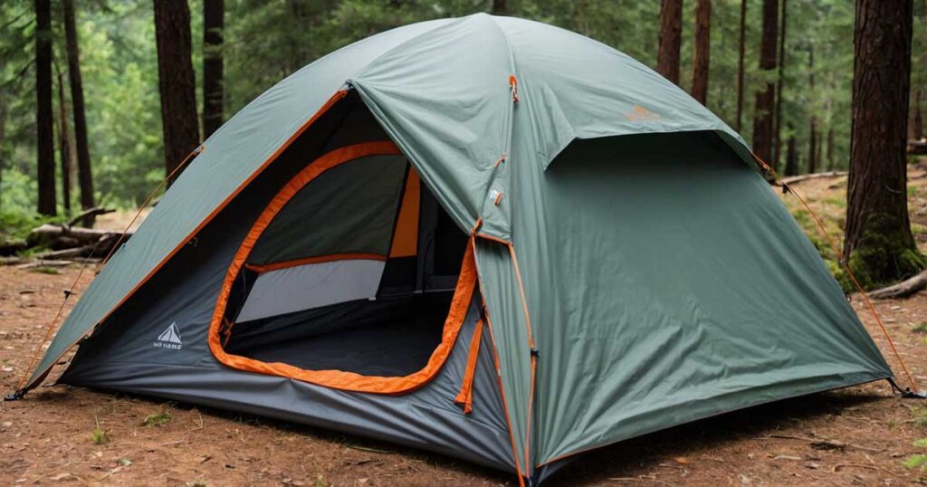 Close-up view of a high-quality two-person backpacking tent with durable materials and sturdy construction