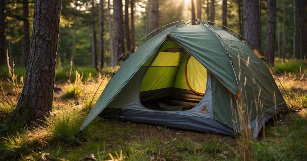 Camper efficiently setting up a tent in a dynamic outdoor setting